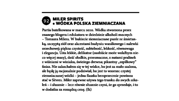 Wysoka ocena wódki Miler Spirits w branżowym magazynie Ferment